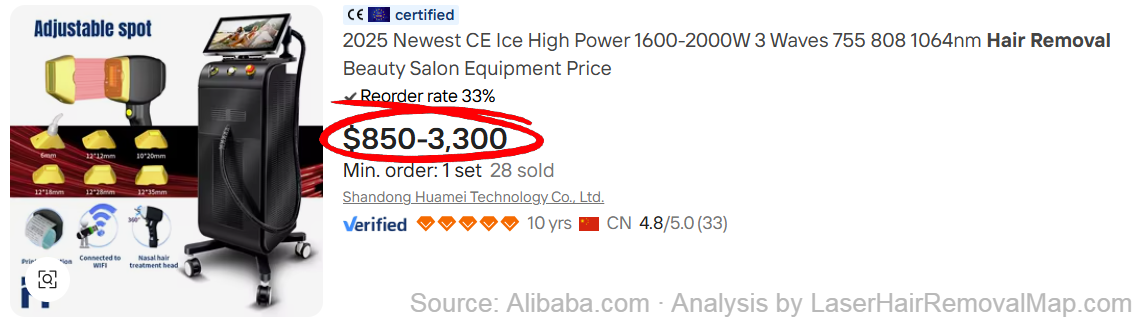 Tri-wavelength hair removal machine listing on Alibaba showing price of $850 to $3,300