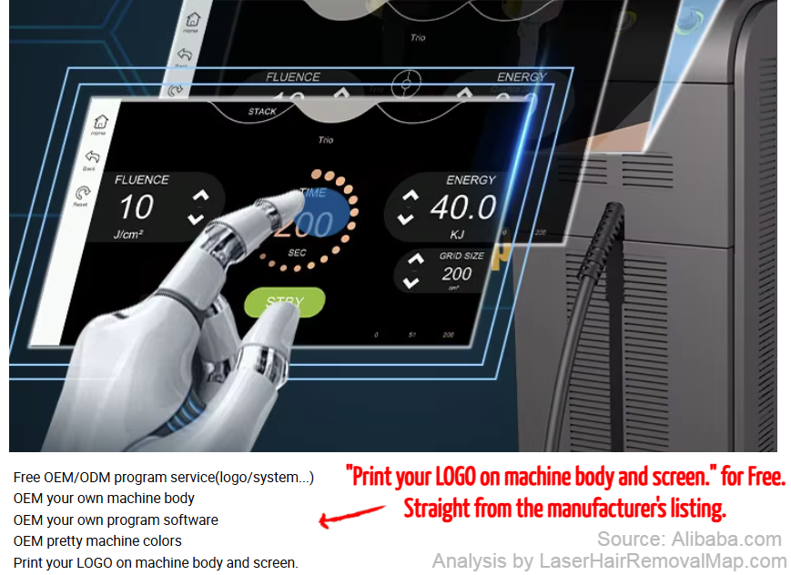 Alibaba listing showing custom branding options for laser machines
