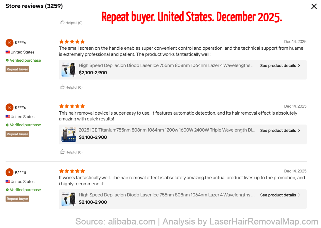 Alibaba review showing repeat buyer from United States
