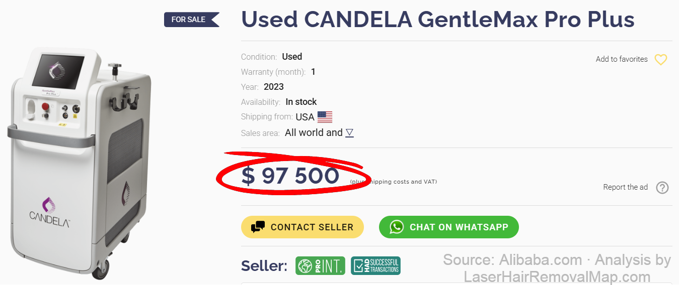 Used Candela GentleMax Pro listing showing price of $97,500